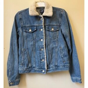 GAP Women's Sz Small Icon Sherpa Denim Jacket Blue Jean Fleece Semi-Lined Good